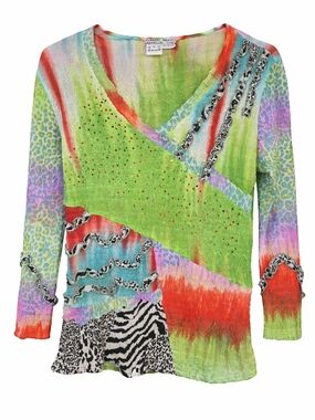 Alberto Makali Multicolor Patchwork V-Neck Long Sleeve Top — Lime, Coral & Aqua